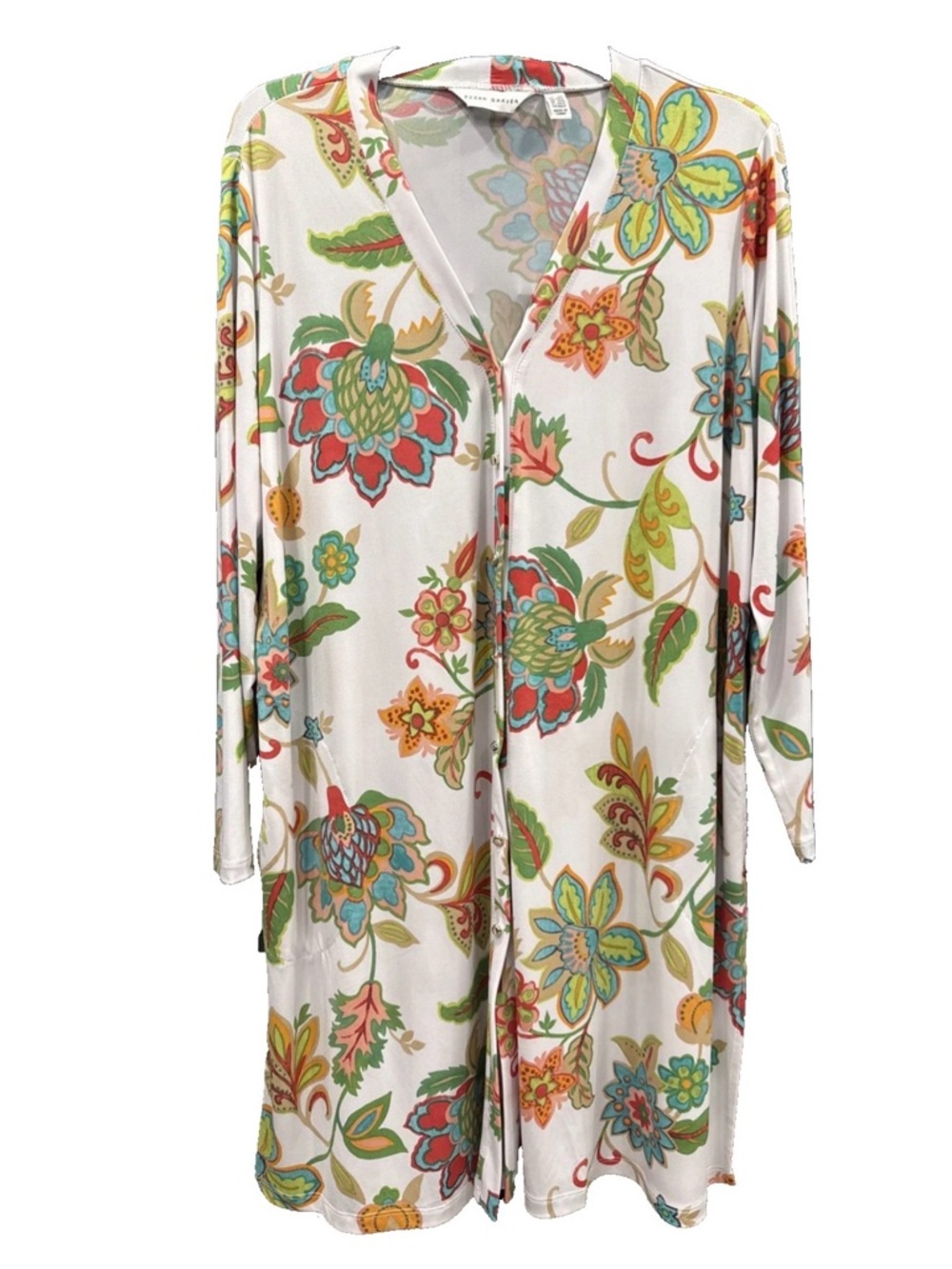 Susan Graver 1XP Long Sleeve Button Closure Duster White Multi Floral Colorful
